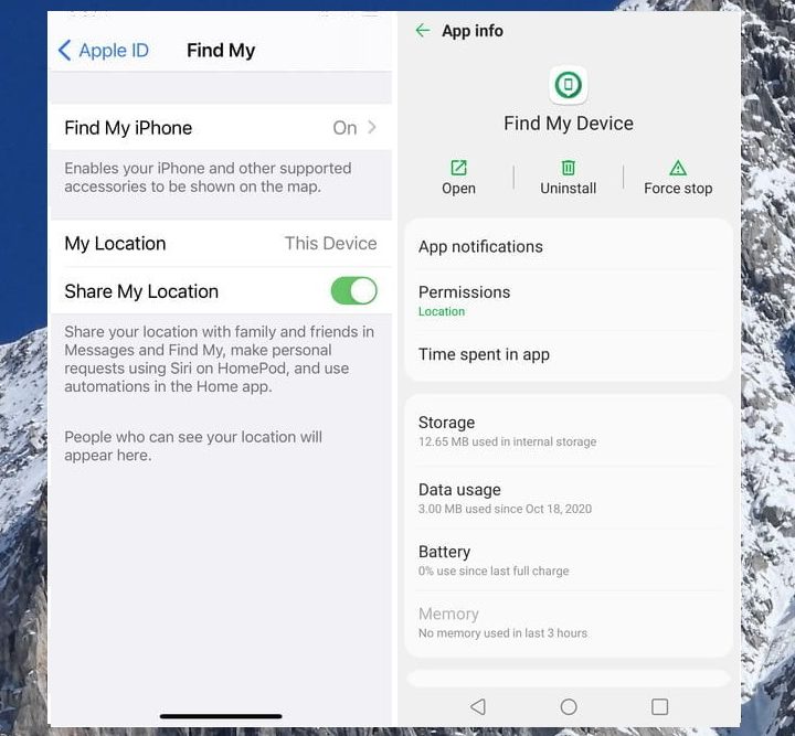 Pantalla de configuración de Find My iPhone