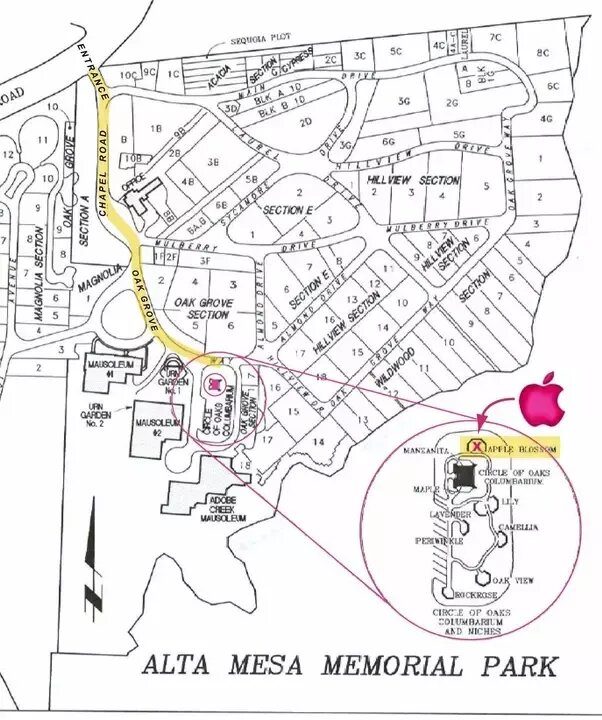 Un mapa con la presunta ubicación de la tumba de Steve Jobs