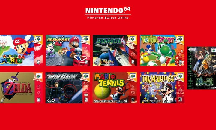 Pantalla de fondo rojo mostrando juegos de Nintendo 64