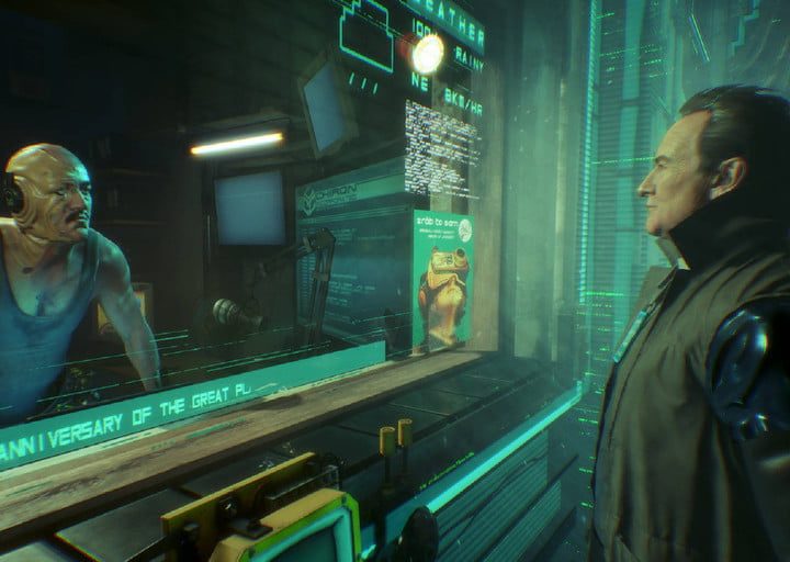 Dos cyborgs hablando a través de una pantalla de neón.