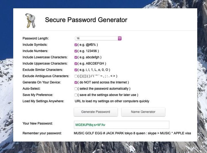 Pantalla de un Generador de passwords