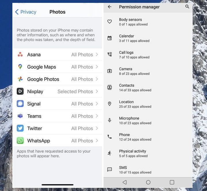 Pantallas de configuración de privacidad para apps en un Android y un iPhone