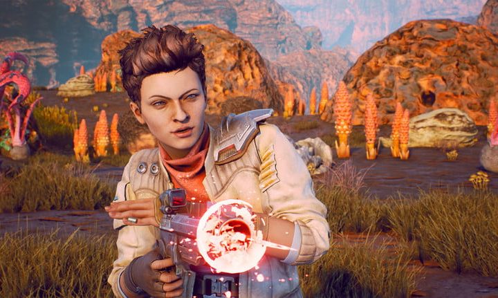 Personaje de The Outer Worlds disparando un arma de fuego