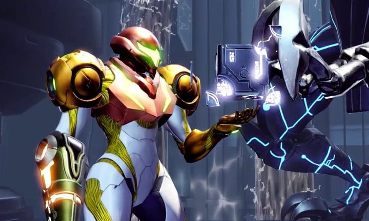 Samus sosteniendo un cubo en Metroid Dread. Uno de los mejores juegos de tiros para Switch.