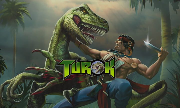 Turok luchando con un dinosaurio