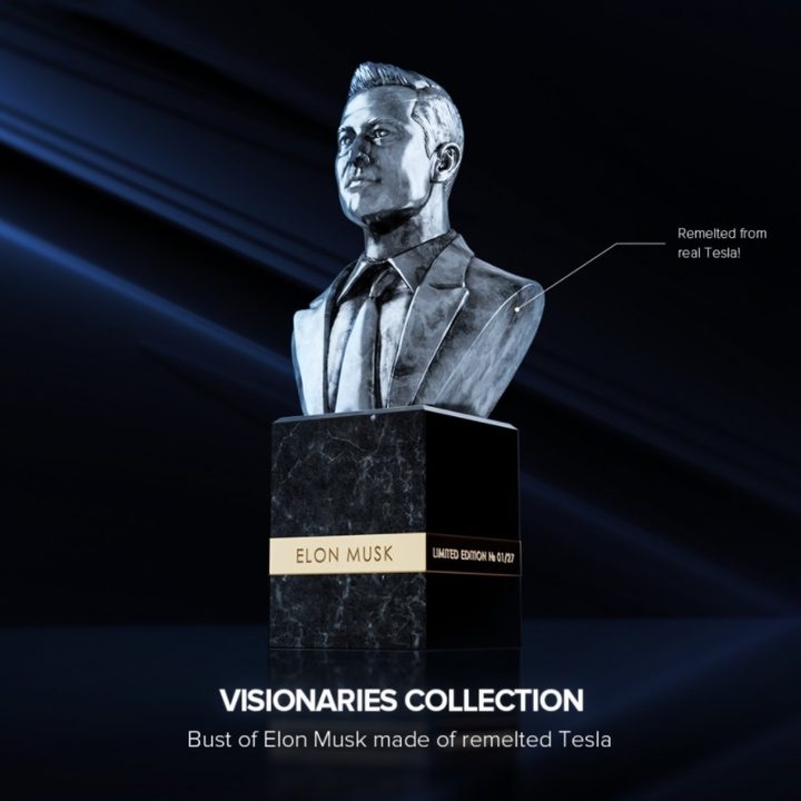 Un busto de Elon Musk creado con partes fundidas de un auto Tesla
