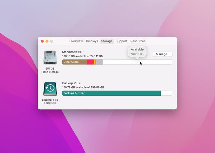 Pantalla de menú Acerca de esta Mac en MacOS Monterey que muestra el uso del disco y el espacio de almacenamiento en Mac.