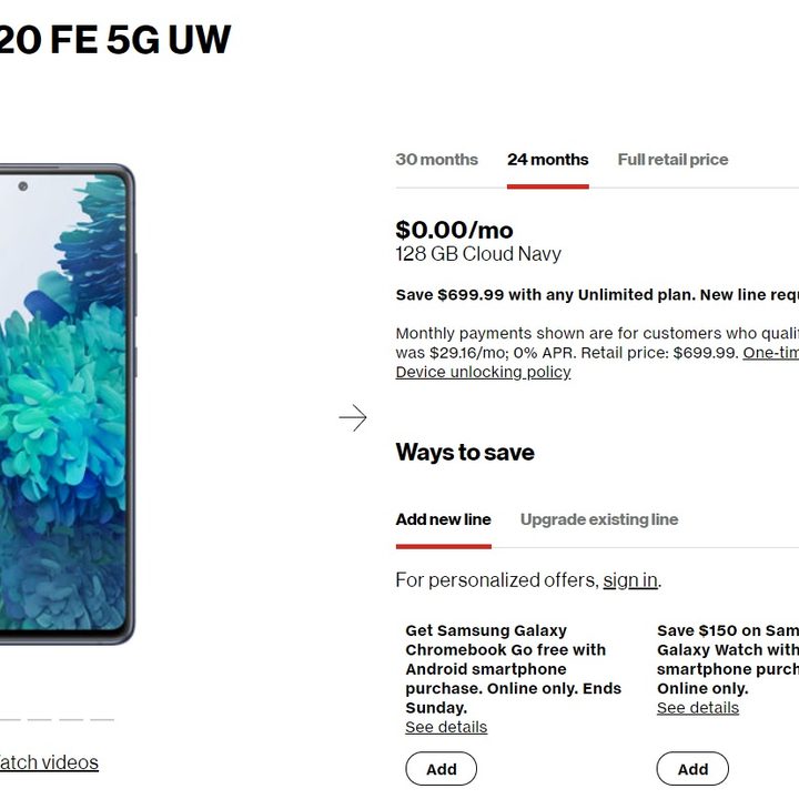 Galaxy S20 FE 5G gratis con las ofertas de Verizon del Black Friday 2021