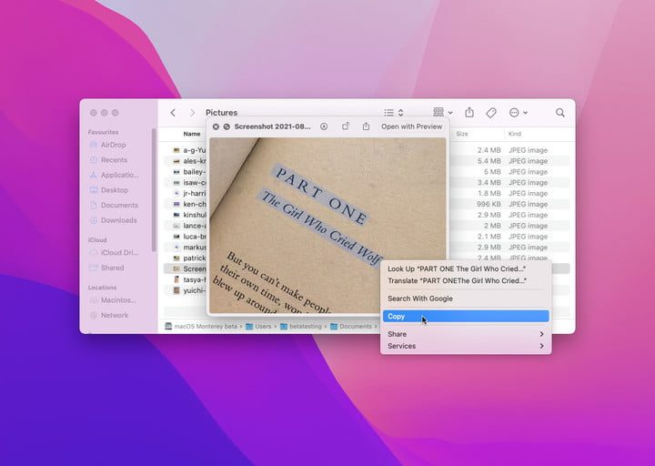 Live Text en MacOS Monterey resaltando un pasaje de texto en una foto.