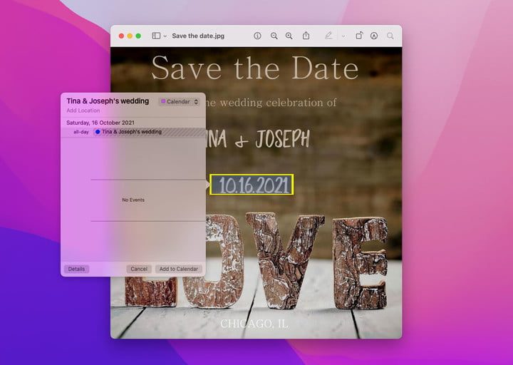 Live Text en MacOS Monterey se usa para agregar una fecha a un calendario.