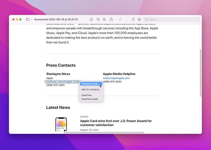 Live Text en MacOS Monterey se utiliza para redactar un correo electrónico a una dirección de correo electrónico.