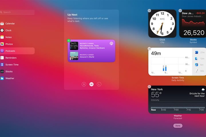 Centro de notificaciones en MacOS Big Sur, elige un tamaño de widget.