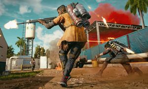 Dos jugadores de Far Cry 6 disparan en modo cooperativo.