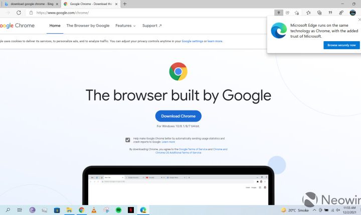 Microsoft publica mensajes para que los usuarios de Chrome usen Edge