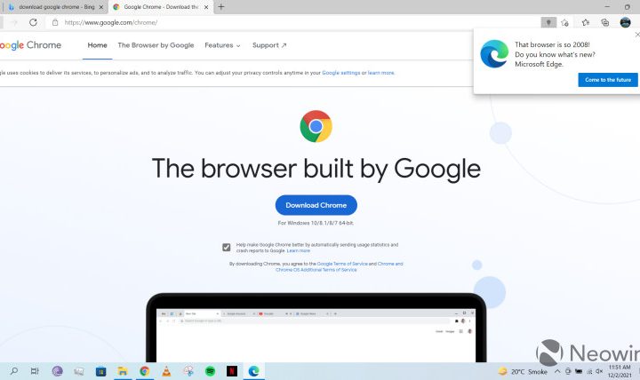 Microsoft publica mensajes para que los usuarios de Chrome usen Edge