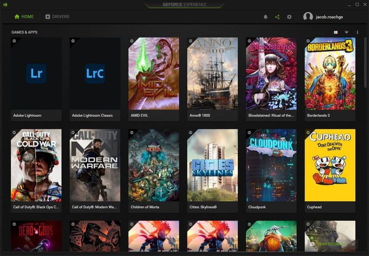 Página de juegos en Nvidia GeForce Experience, una de las aplicaciones que debes instalar en tu laptop gamer nueva.