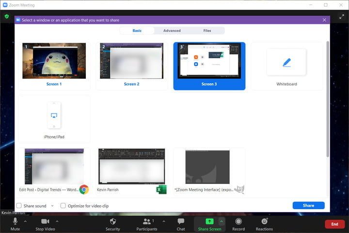 Zoom en la pantalla Compartir reunión