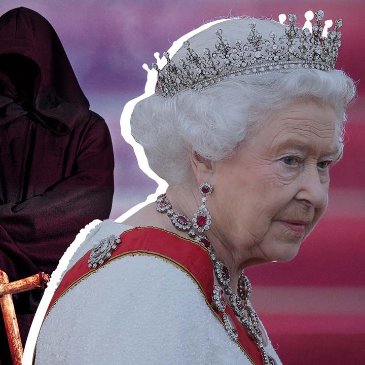 En el frente, la reina Isabell II, y de fondo, la personificación de la muerte.