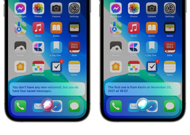 Dos pantallas de iPhone que muestran a Siri respondiendo a solicitudes para leer mensajes de Buzón de voz visual.