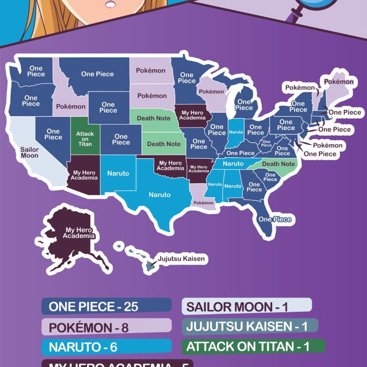 El proveedor de internet CenturyLinkQuote publica un mapa con el anime más popular en cada estado de Estados Unidos.
