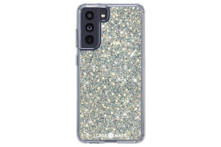 Funda Case-Mate Twinkle Stardust con brillo plateado en el Samsung Galaxy S21 FE.