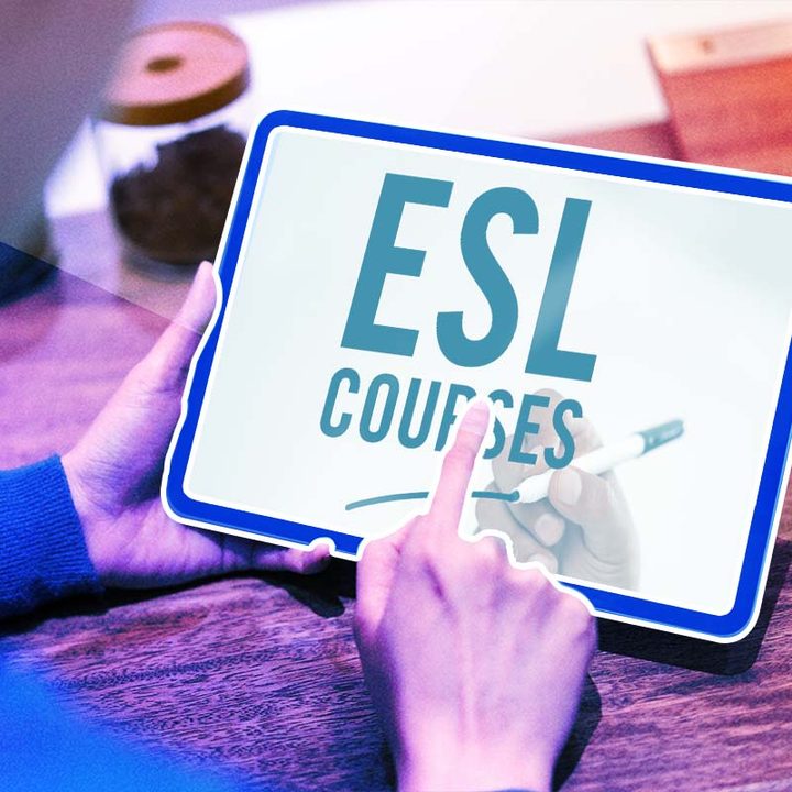 Una ilustración de una persona trabaja una tableta donde aparece el texto ESL Courses.