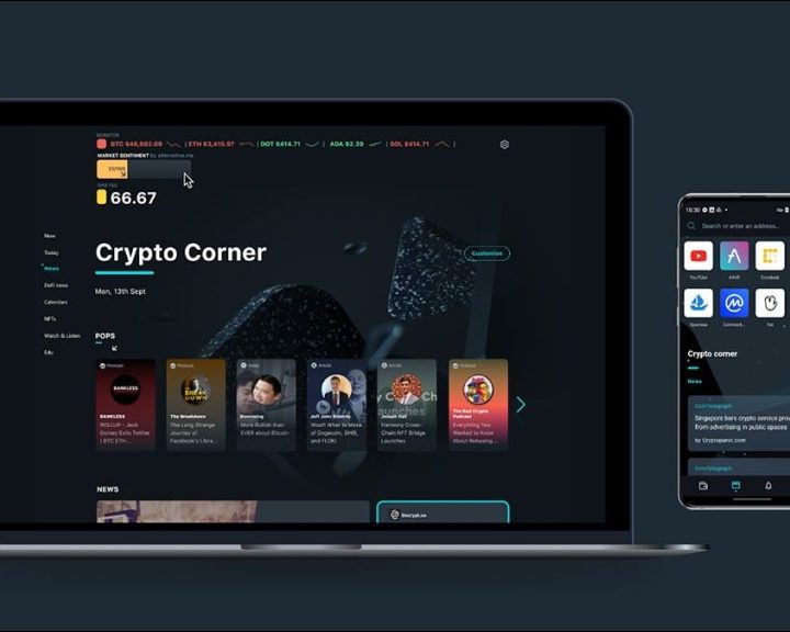 La imagen muestra una pantalla con el navegador de Opera centrado en las criptomonedas.