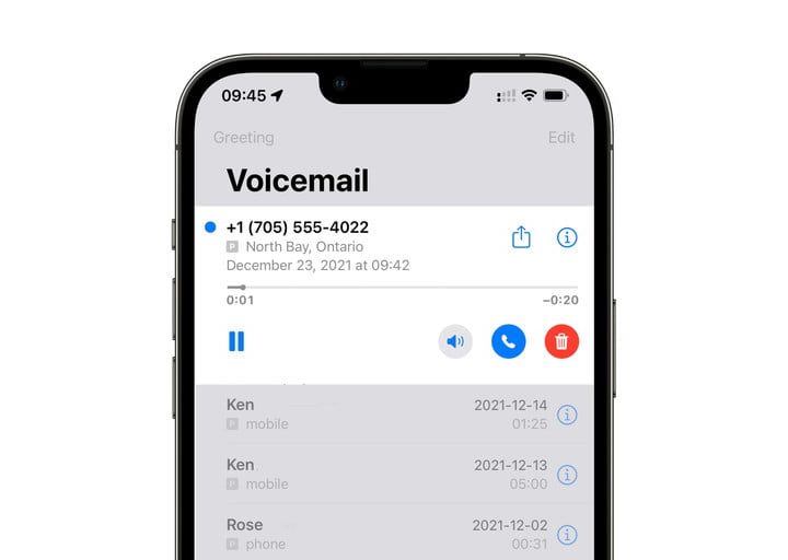 Pantalla parcial del iPhone que muestra la reproducción del Buzón de voz visual.
