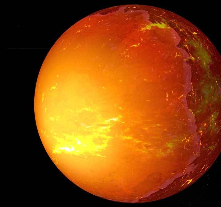 Representación de cómo se vería el exoplaneta KOI-55b, de colores amarillos y naranja como el Sol.