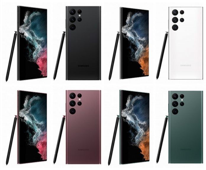 Una serie de teléfonos Galaxy S22 con el lápiz óptico S Pen