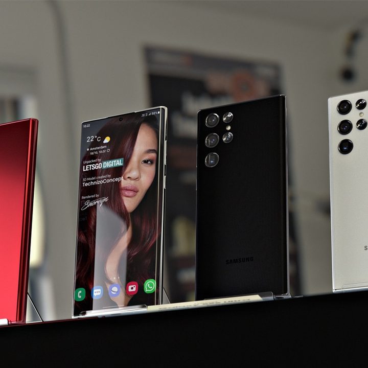 Cuatro teléfonos Samsung Galaxy S2 Ulta de pie sobre un expositor.