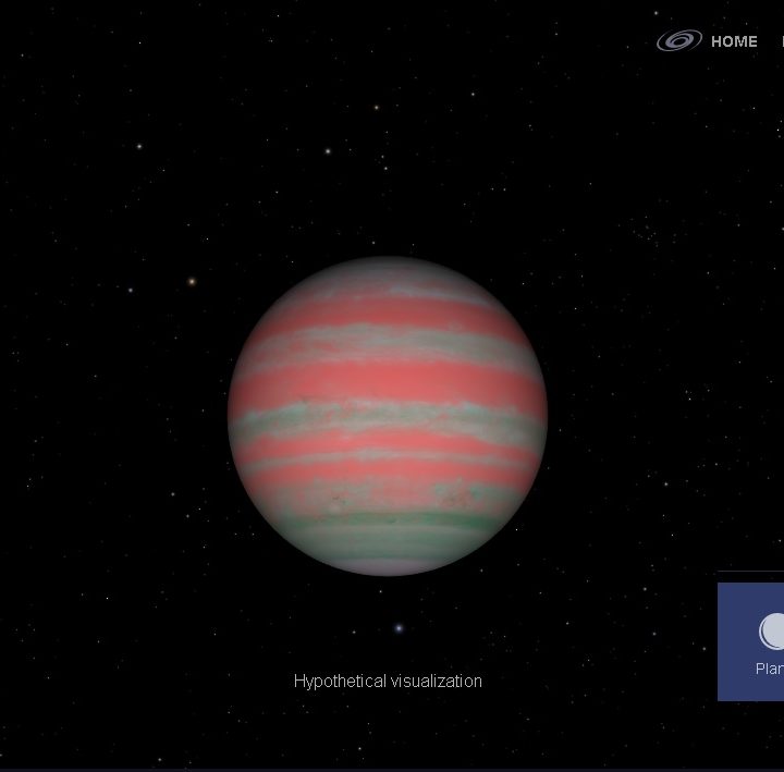 Representación de cómo se vería el exoplaneta GJ 436 b, con una mezcla de colore rosados, blancos y verdes.