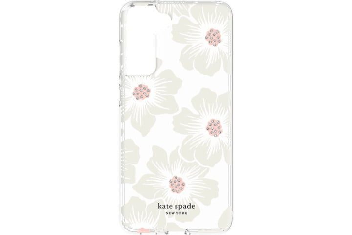 Funda Kate Spade New York Hollyhock en Transparente con flores rosas y blancas, para el Samsung Galaxy S21 FE.
