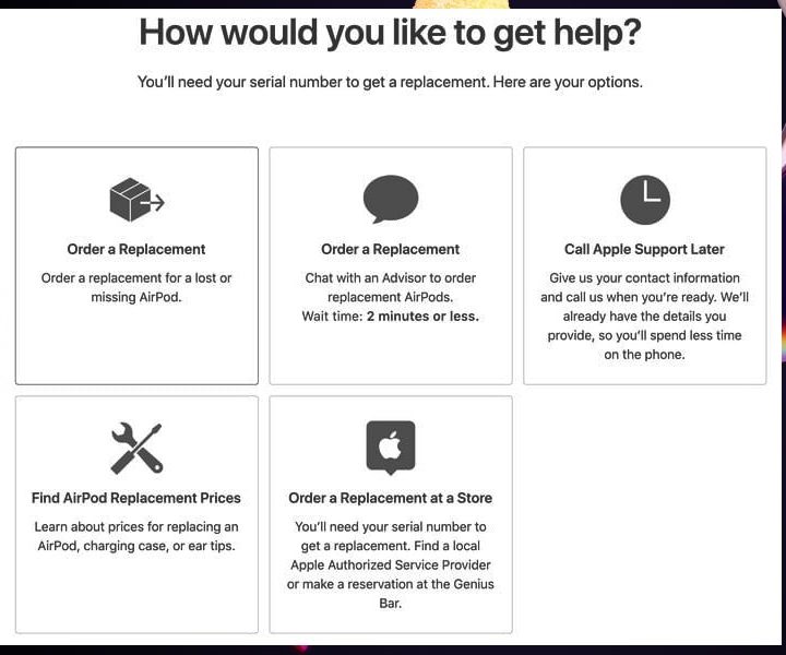 Menú de ayuda para reemplazar AirPods.