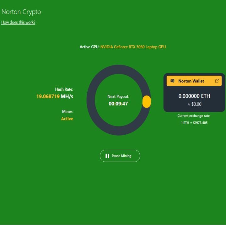 Una imagen del servicio Norton Crypto para minar criptomonedas