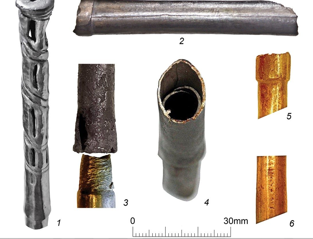 Trozos de pajitas fabricadas en oro y plata. En el interior se observa el filtro para reducir impurezas.
