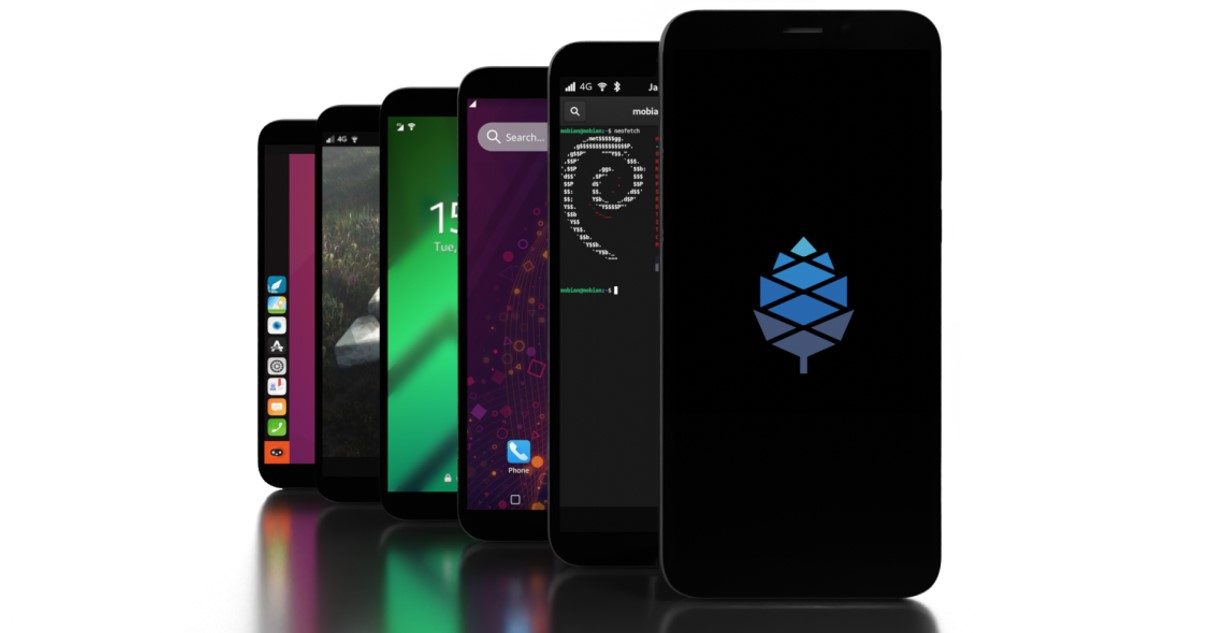 Seis celulares PinePhone Pro con las pantallas encendidas y diferentes contenidos.