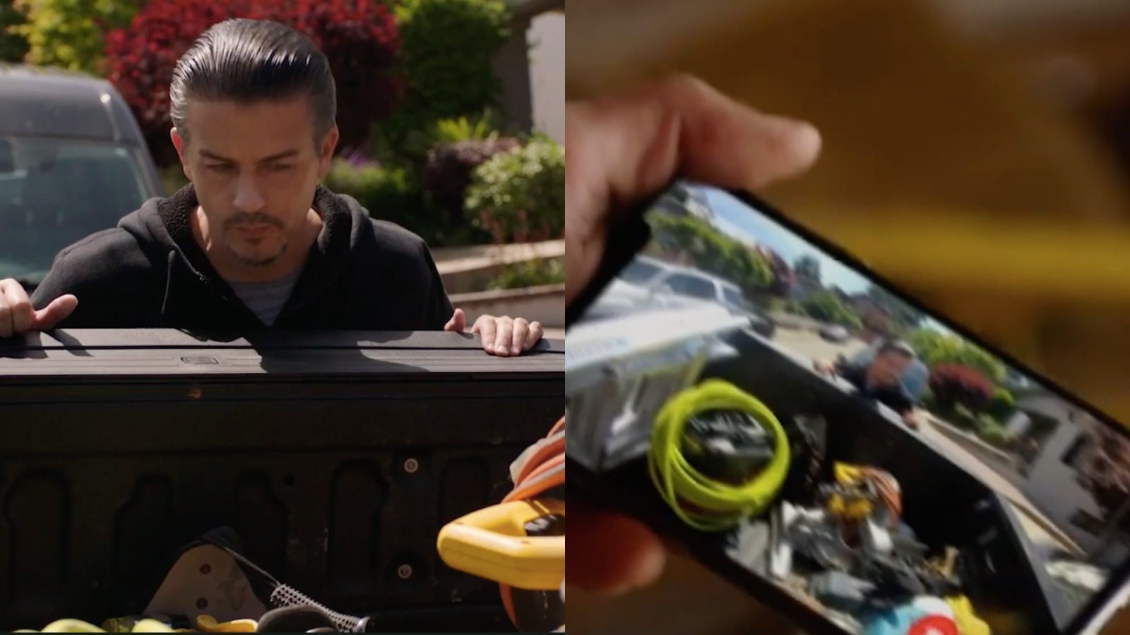 Imagen dividida. A la izquierda un ladrón observa equipos contenidos en la caja de carga de una pickup, a la derecha el dueño de la pickup ve al ladrón observado sus equipos en la aplicación móvil de Canopi en su teléfono celular.