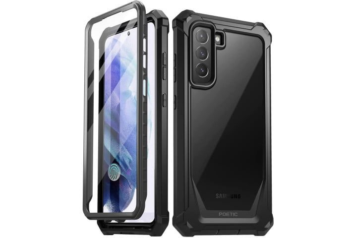 Protector transparente resistente Poetic Guardian en el Samsung Galaxy S21 FE.