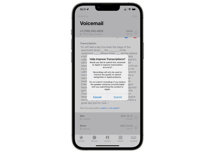 Pantalla del iPhone que muestra el informe Confirmación de la transcripción del Buzón de voz visual.