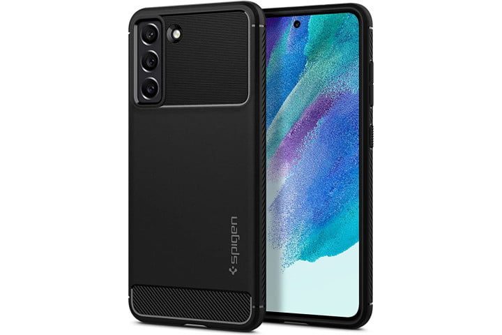 Protector Spigen Rugged Armor para Samsung Galaxy S21 FE, que muestra el frente y la parte posterior.