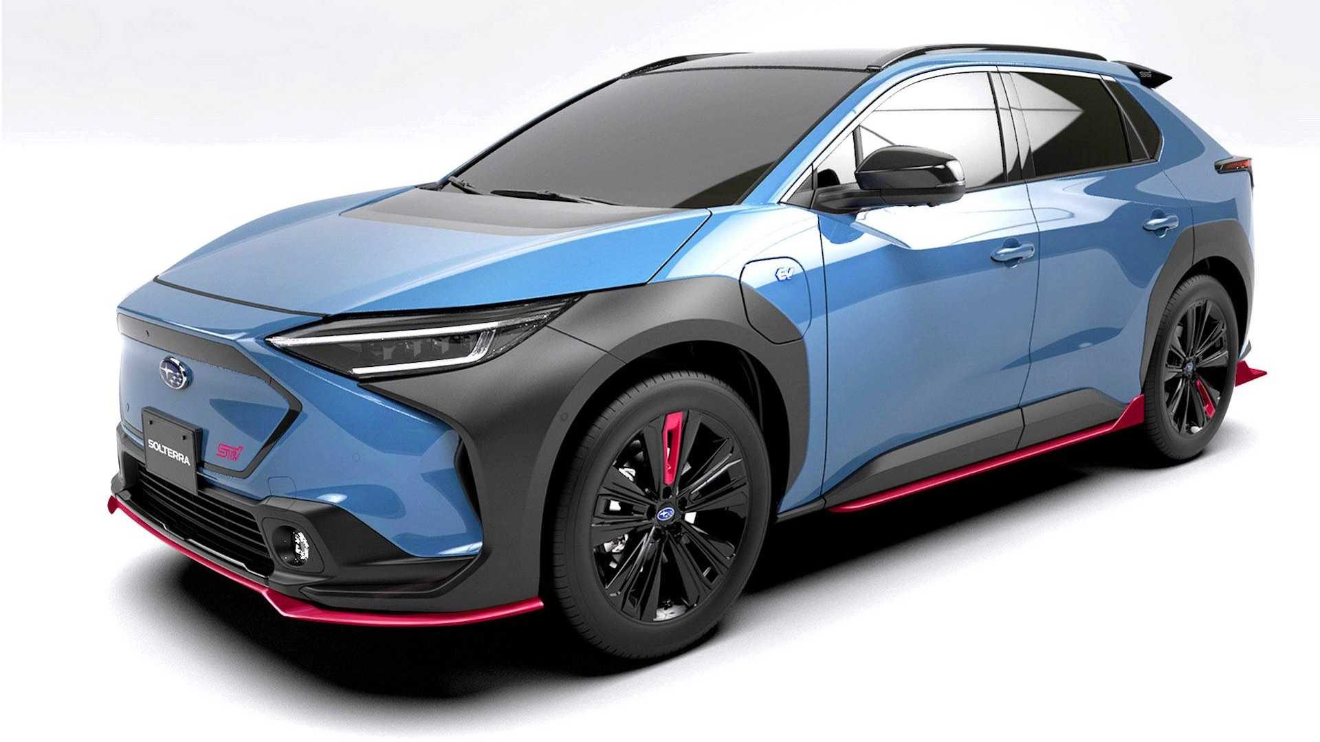 Vista frontal de dos cuartos del Subaru Solterra STi Concept en azul celeste en un estado completamente blanco.