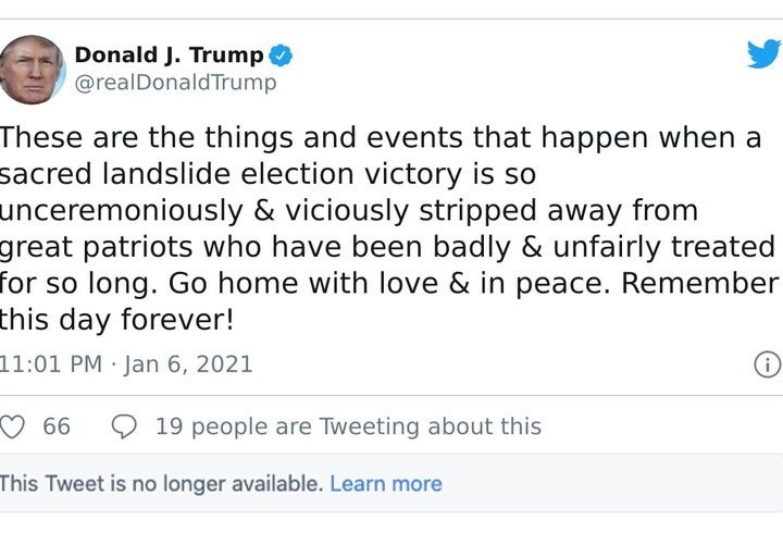 Uno de los últimos tuits de Trump antes de que su cuenta fuera eliminada.