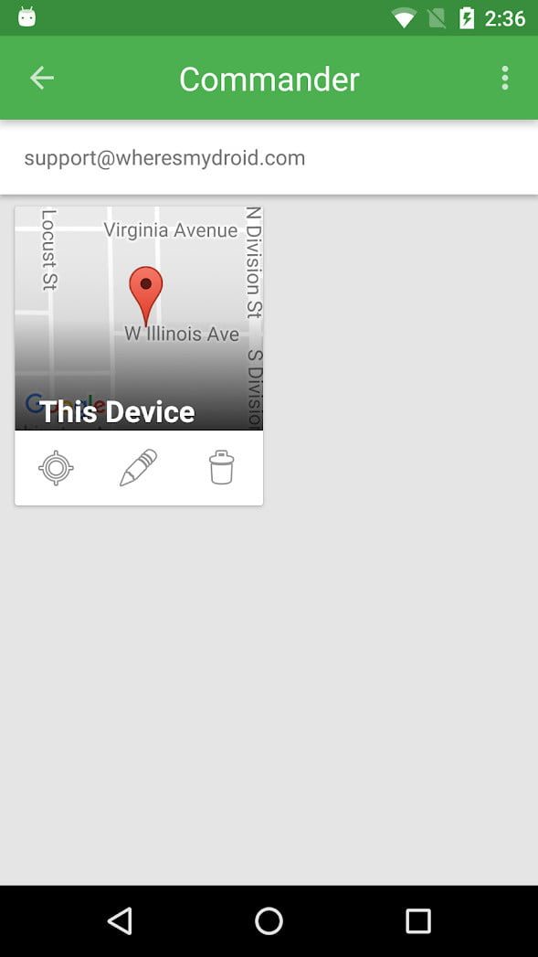 Pantalla de Where is My Droid que muestra los dispositivos activos
