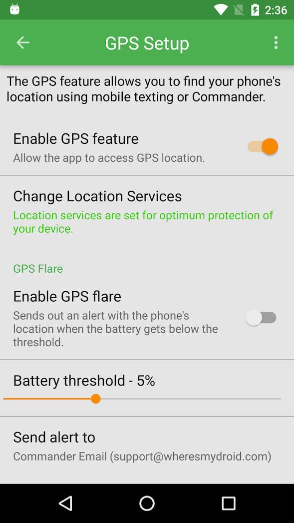 Las opciones de configuración GPS de Where is My Droid