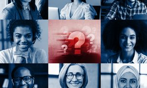 Distintos rostros en una cuadrícula y al medio, aparece una sombra y unos signos de interrogación.