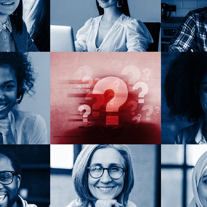 Distintos rostros en una cuadrícula y al medio, aparece una sombra y unos signos de interrogación.