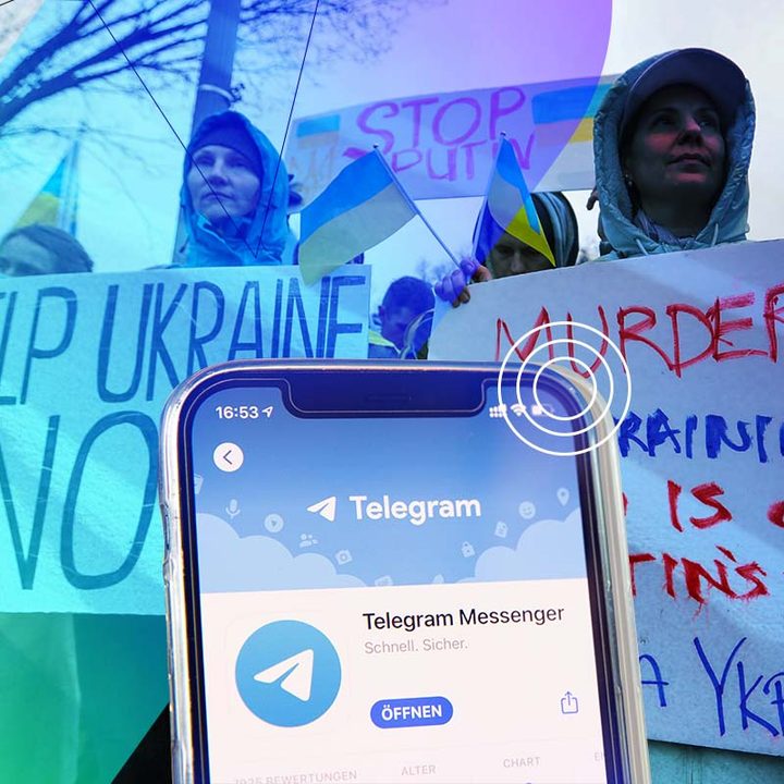 Una protesta en Ucrania contra la invasión rusa. además de un teléfono con la aplicación Telegram.