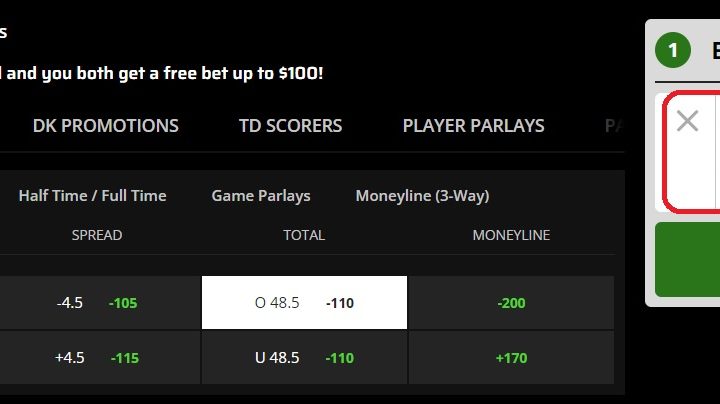 Pantalla que indica una apuesta de línea de totales para un partido de la NFL.
