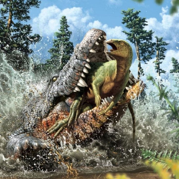 Un ejemplar de cocodrilo atacando a un dinosaurio.